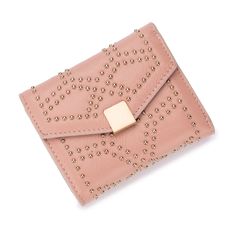 

Fresh Genuine Leather Rivet Short Wallet Card Holder Casual Women Real Leather Mini Pouch Luxury Hand Wallets Black Billetero