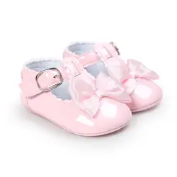 Мода для новорожденных обувь для девочек из искусственной кожи предварительно Ходунки для детей Нескользящая бантом Обувь для малышей