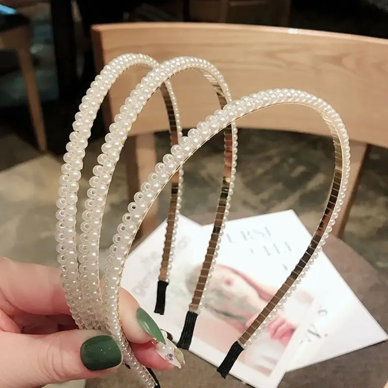 

Minimalist Ladies Girls Two Rows Imitation Pearl Headband Handmade Beading Metal Alloy Hair Hoop Stretch Boutique Headpiece