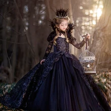Платья для девочек черные платья принцессы с цветочным рисунком, халат Enfant Fille, накидка, корона, ожерелье, королева, одежда для девочек 3, 4, 12 лет