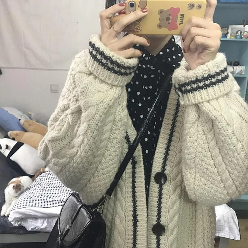 Корейский консервативный стиль, большой размер, зимний женский японский вязаный свитер ins Harajuku, свитер, кардиган на пуговицах, милый свитер с v-образным вырезом