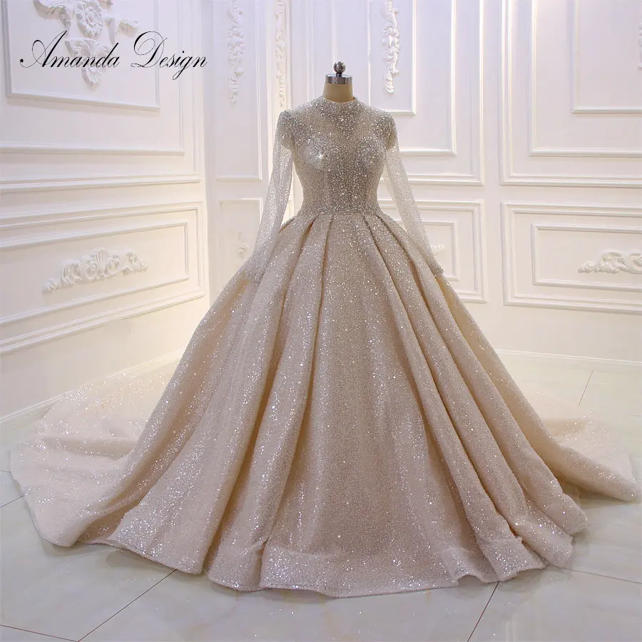 Аманда дизайн с высоким воротом длинным рукавом доска с возможностью вытирания насухо блестящее прозрачное свадебное платье