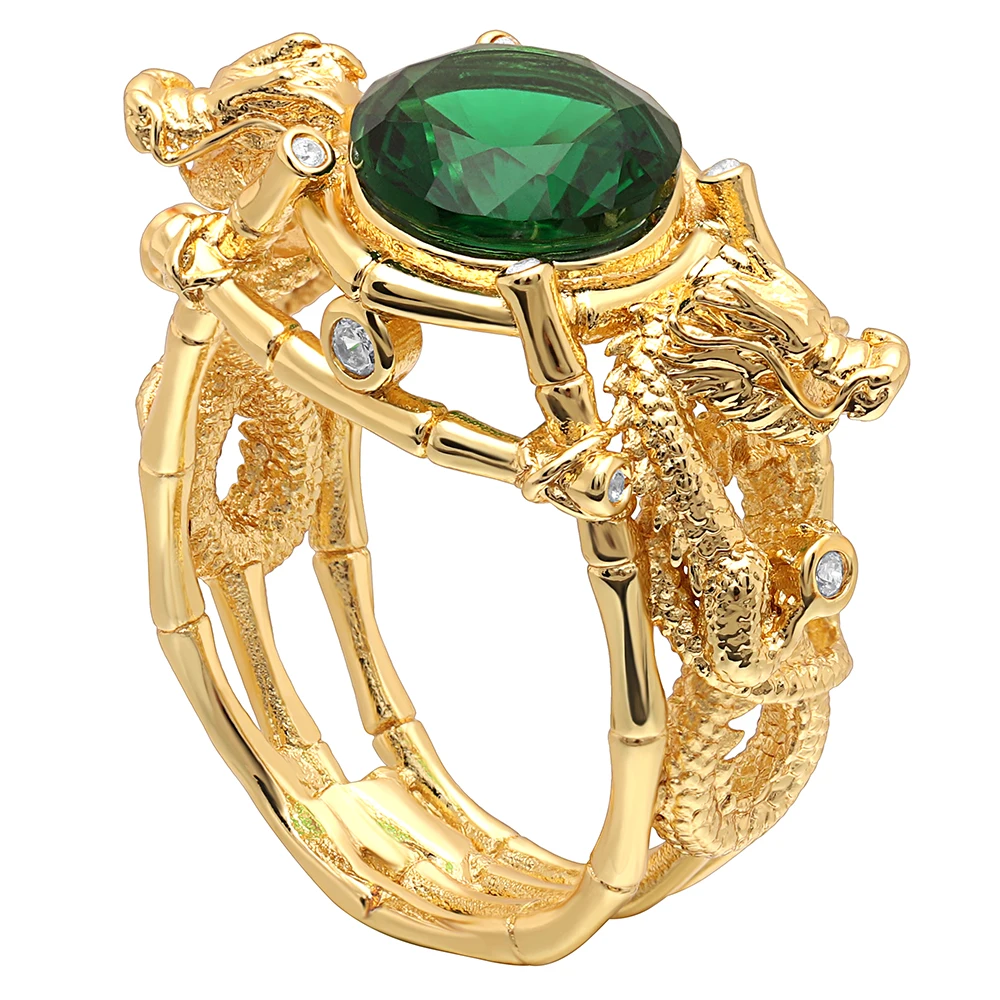 

Hainon Men Gold Color Ring Dragon With Green Stone Round Zircon Ring Vintage Punk Party Finger Ring Jewelry For Men Women