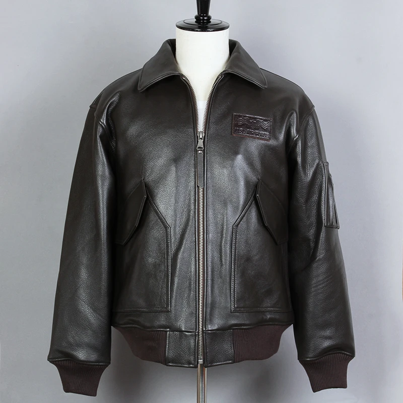 

AVIREX FLY Genuine Leather Jacket Men Brown Cowhide Bomber Jacket A2 Air Force Flight Jacket Solid Motorcycle Winter Coat