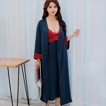 

Women Lace Sleepwear Sets New Silk Satin Pajamas Kimono Bathrobe Bowknot Nightgown Robe Sets 2 Pieces