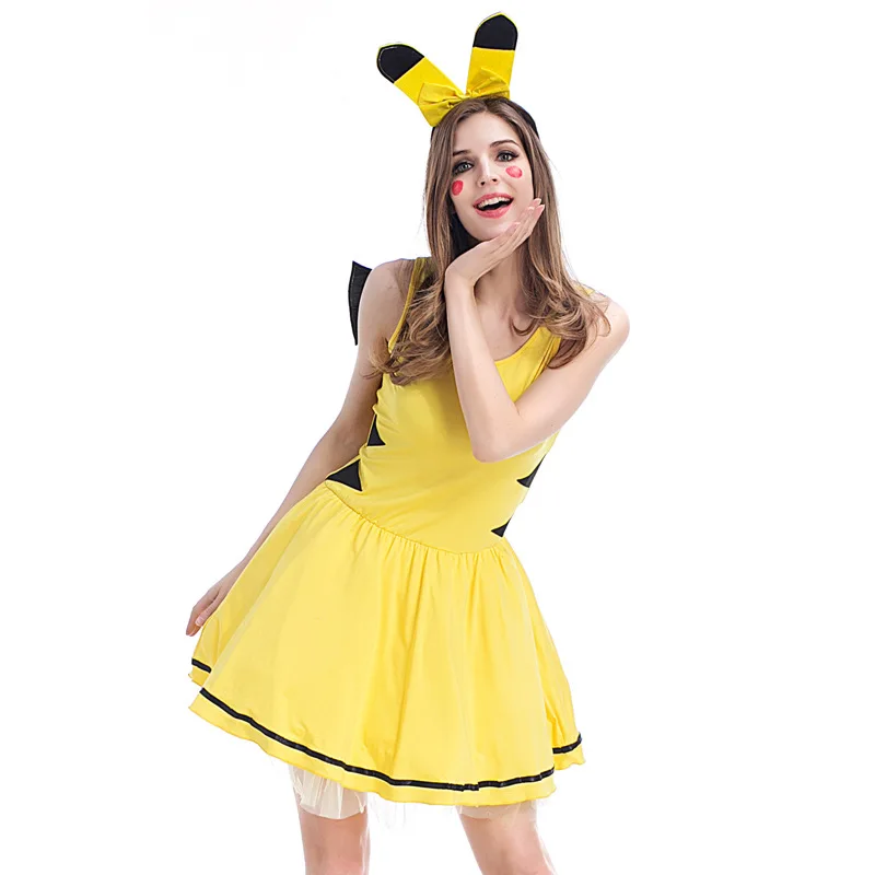 

Woman Temptation Pikachu Cosplay Yellow Dress Halloween Cosplay Costumes Pole Dancing Party Dress And Headwear Sexy Uniform