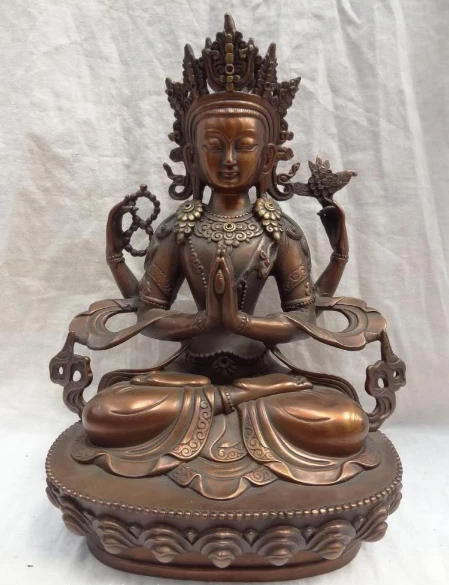 

003591 12" Chinese Pure Bronze Goddess Guan Yin Tibet 4 Arms Chenrezig Buddha Statue