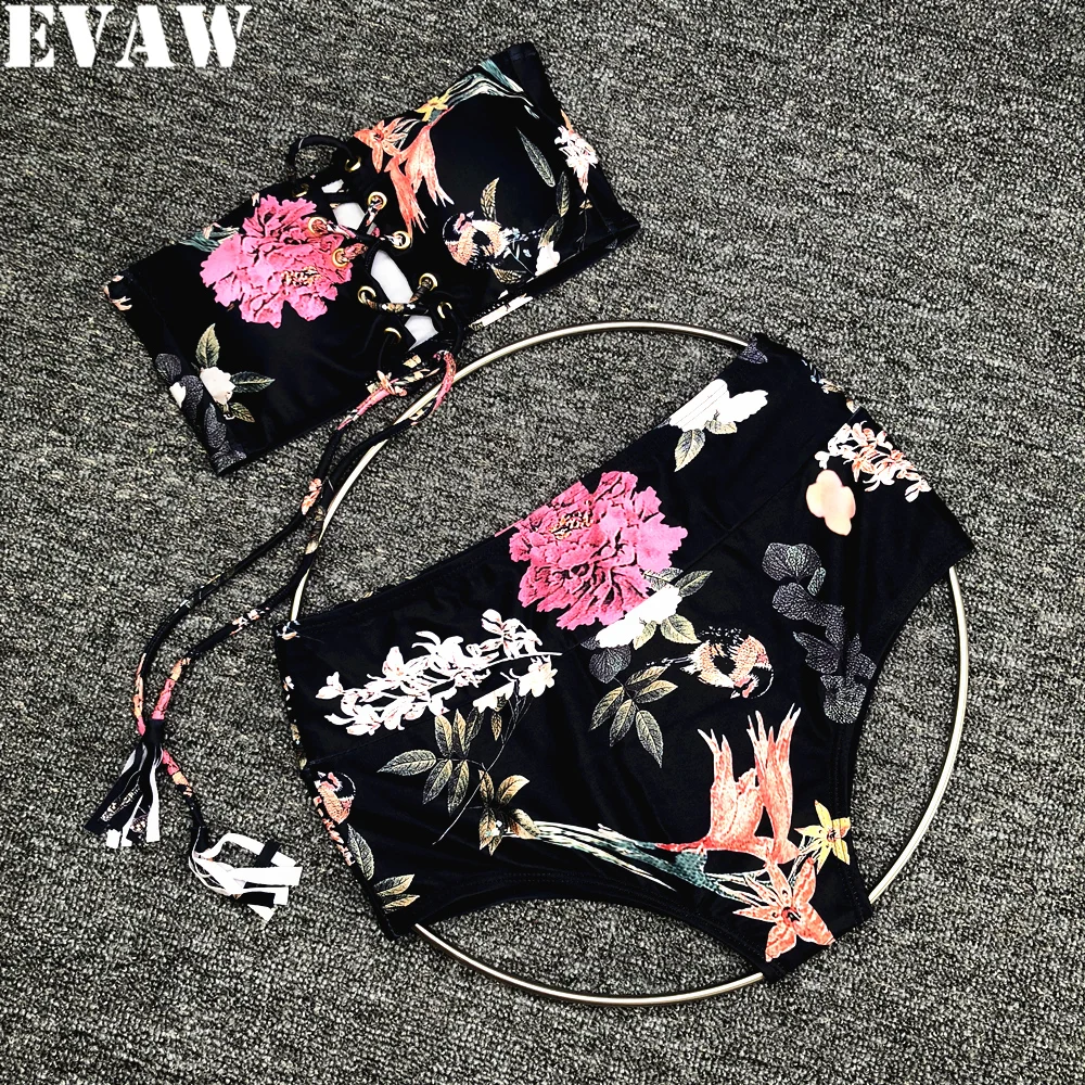 

Evaw 2019 Floral Print Bikini Set Sexy Black Women Swimwear High Waist Padded Swimsuit Strapless Off Shoulder Bathing Suit Women