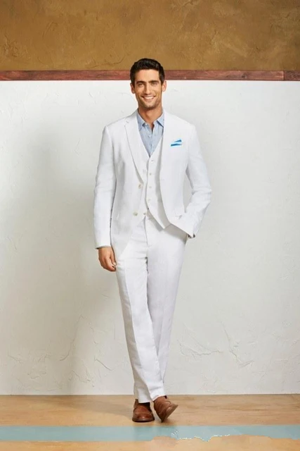 Traje de lino blanco para hombre, traje 3 piezas boda y playa, esmoquin de solapa con muescas, botones, chaqueta Pantalones + chaleco| Trajes| - AliExpress