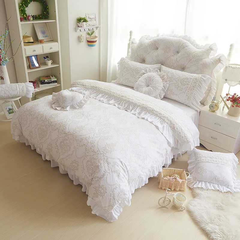 cheap 2019 princess style solid bedding sets 4pcs 8pcs cotton linens lace border Full Queen King duvet cover+Bedskirt+pillowcases