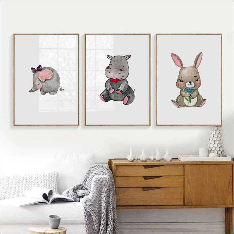 

Watercolor Rabbit Panda Balloon Flower Wall Art Canvas Painting Nordic Posters And Prints Cartoon Animal Wall Pictures Kids Room