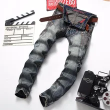 Дропшиппинг ретро джинсы мужские классические байкерские мотоциклетные джинсы тонкие хип-хоп Лоскутные рваные джинсы хип-хоп Уличная одежда рэп мужские джинсы
