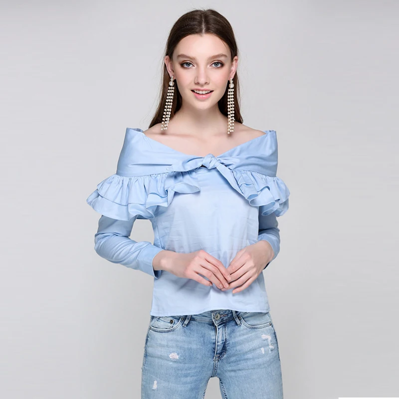 

New Fashion 2017 Designer Tops Blouse Women's Slash Neck Lacing Bow Casual Blouse Tops Shirt