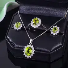 Классический Серебряный Ювелирный Набор для вечерние ювелирные изделия из натурального перидота, серебряные ювелирные изделия, цельные 925 Серебряные сережек с кольцами-подвесками, ювелирные наборы с драгоценным камнем