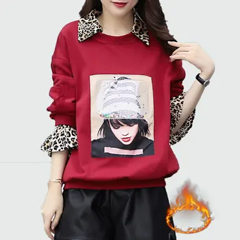 

Large Size Ladies Fashion Loose Thick Velvet Warm Pullover Sweatshirt Autumn Winter New Leopard Stitching printing Women Tops