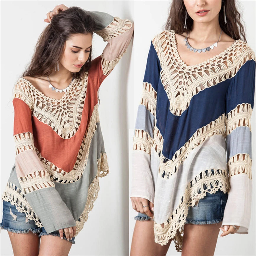 

2019 Womens Fashion Hole Long Sleeve Lace Splice Casual Patchwork Bohemia Blouse Hundred-match Blouse(#20)