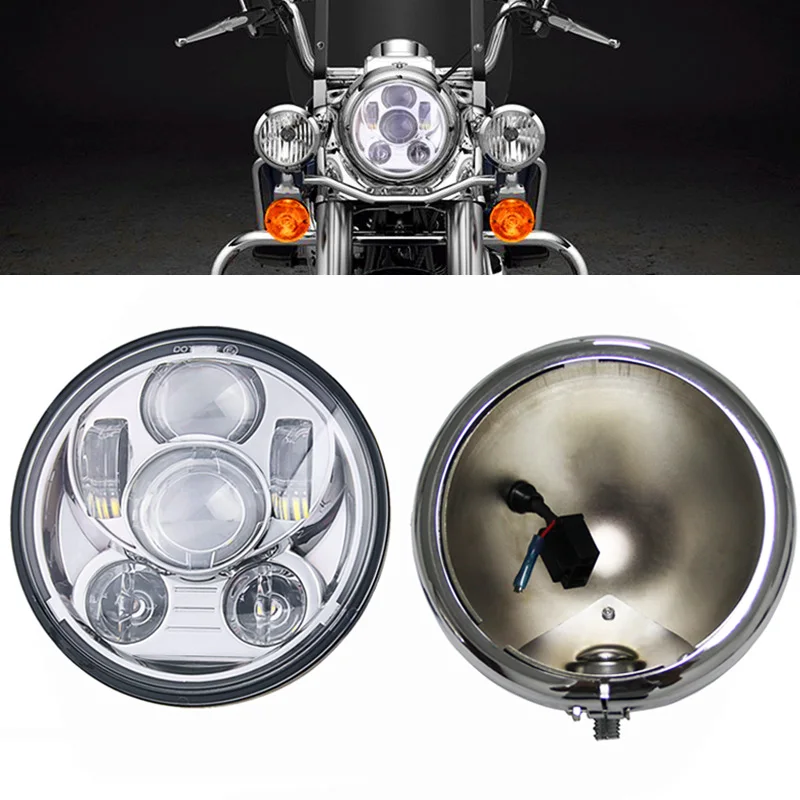 

5-3/4" 5.75" Round LED Projection Headlight with 5.75 housing bucket for Har-ley Davids Motorcycles Black 9 pcs Bulb
