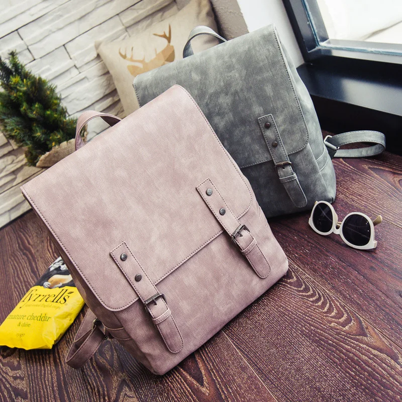 RU BR The New College Style Ladies Backpacks Fashion Solid Laptops Bag Retro Women PU Leather