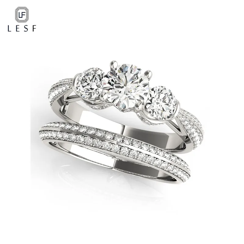 

LESF Zirconia 2 Pieces Wedding Set Solid 925 Sterling Silver Ring Engagement Band Fashion Jewelry For Women Size 4-10