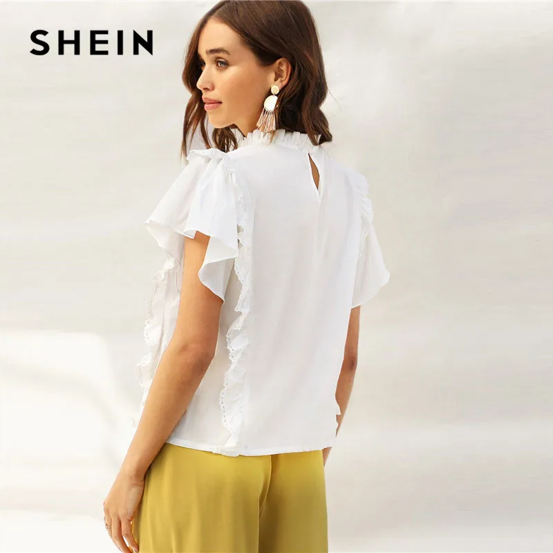 SHEIN Топ С Оборкой И Кружевом Летняя Блузка Кружевной Вставкой Коротким Рукавом| |