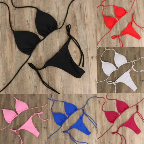 Tie Side Solid Color G-String Thong Bikini 2