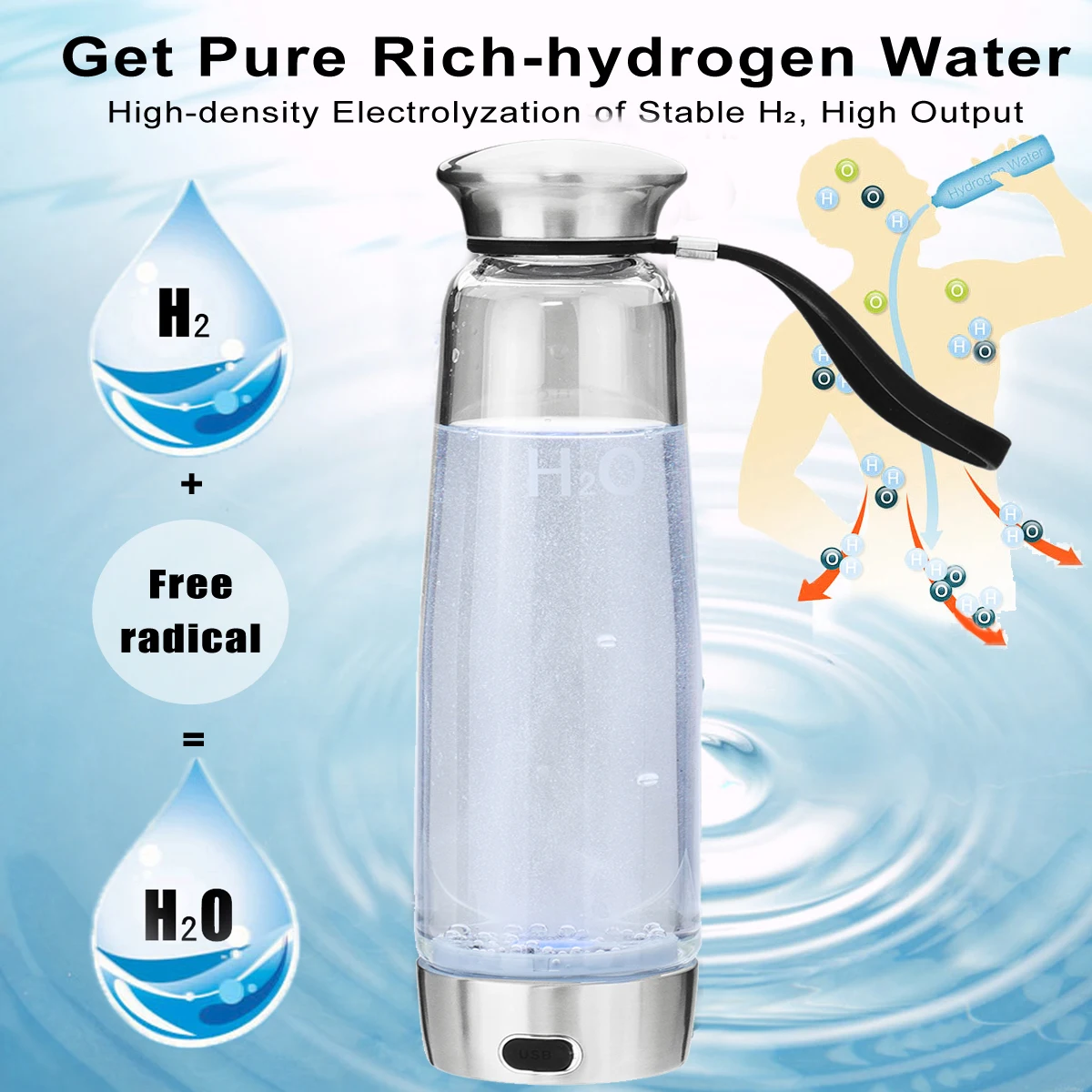 

Portable 500ml Hydrogen Rich Water Ionizer Generator Alkaline Water Maker Health Bottle High Concentration Water USB