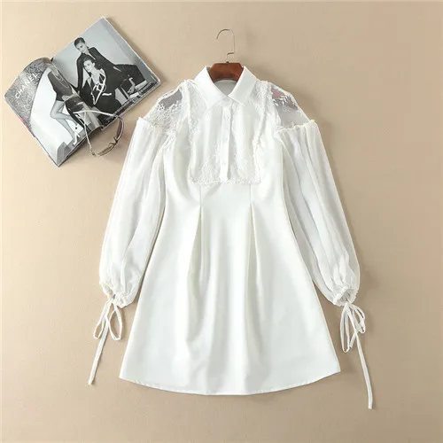 2017 fashion casual loose pacthwork lace all white dress for women long puff sleeve turndown collar solid spring summer dress long-white-lace-dress