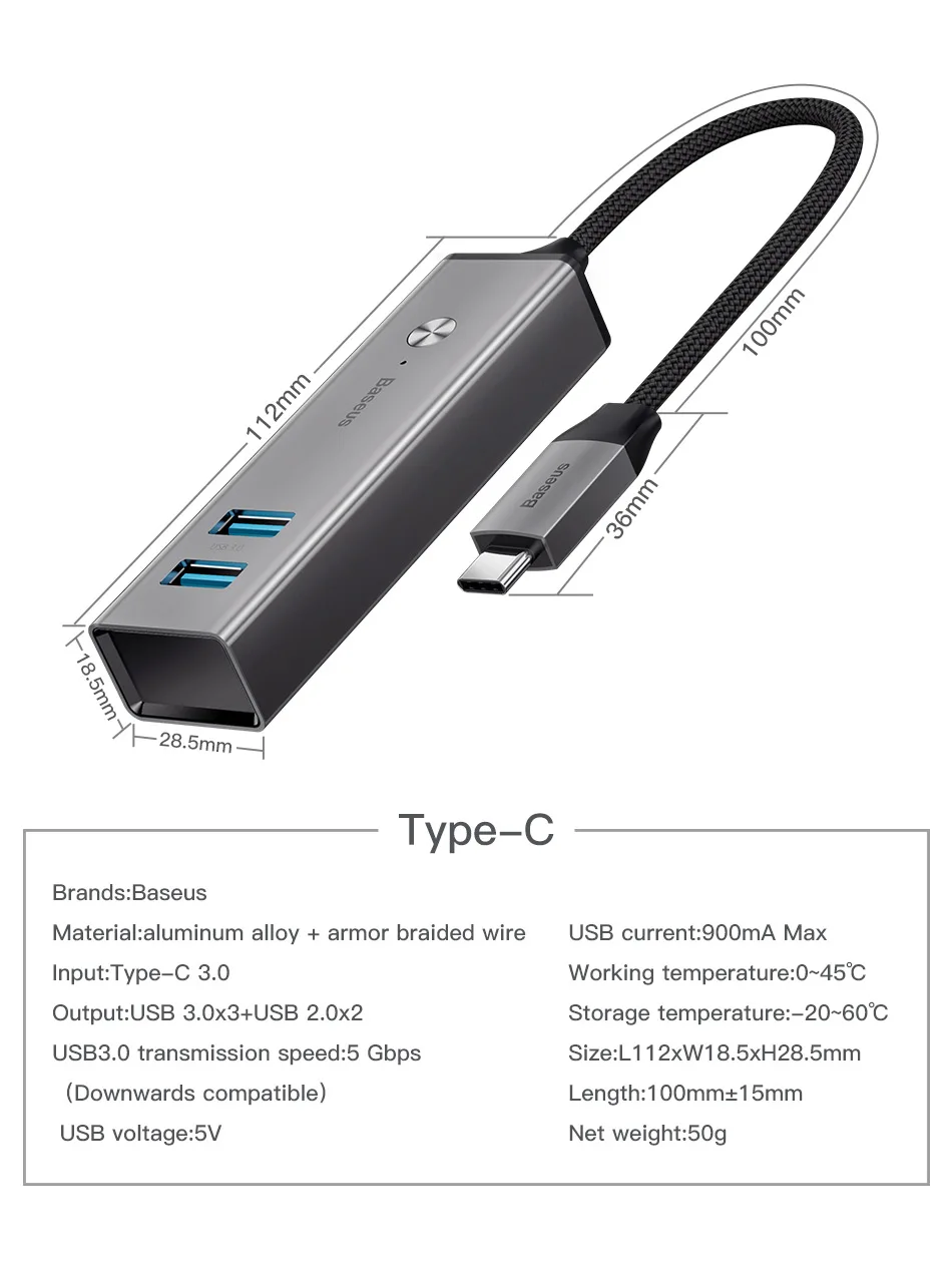 Baseus 5 портов USB C концентратор USB 3,0 OTG концентратор USB Высокоскоростной разветвитель 5 Гбит/с для Macbook компьютера ноутбука type C концентратор USB 2,0 адаптер