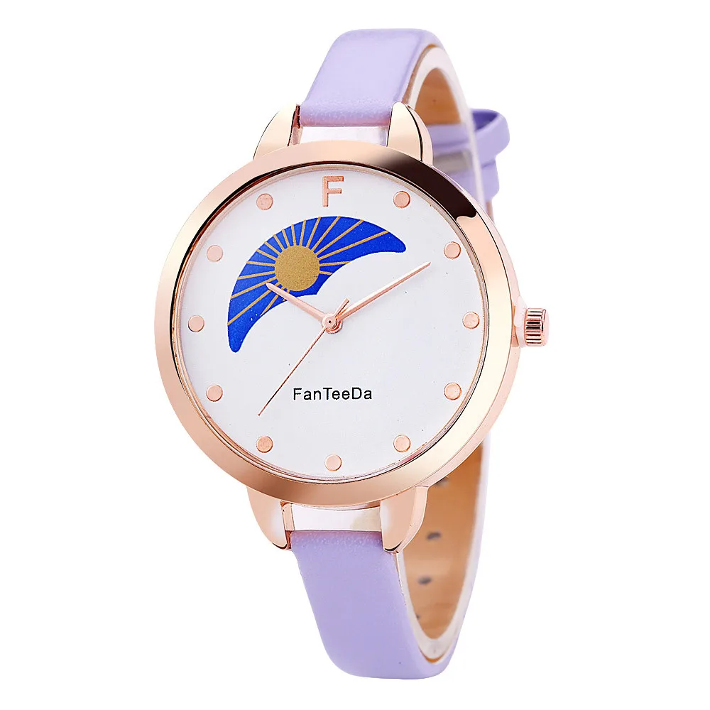 FanTeeDa relogio feminino Sun and moon Alloy Analog Leather Band Quartz Wrist Watch women Clock Casual Round kadin saat mujerB40 - Цвет: Фиолетовый