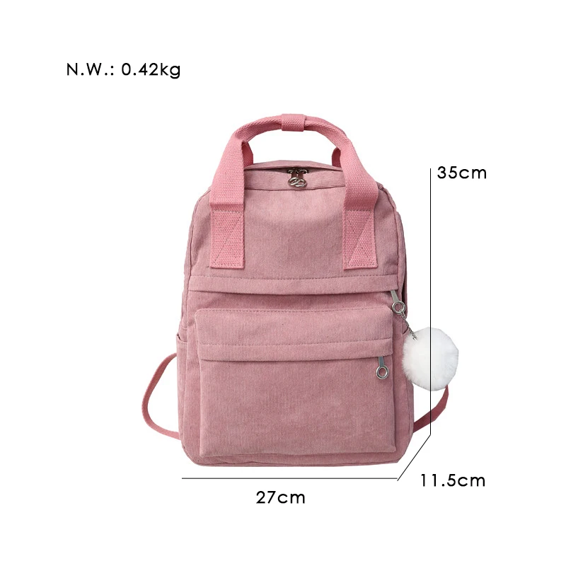 Menghuo New Backpack for Women Fur Ball Solid Color Corduroy Backpack for Girls Spring Winter Velvet Travel Bag Mochila FemininaG11A7787