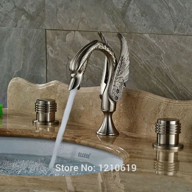 

Uythner Newly 3Pcs Luxury Basin Faucet Dual Handles Nickel Brushed Swan Style Vessel Sink Faucet Mixer Tap