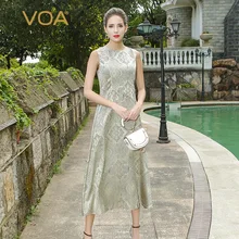 VOA 2017 Autumn Sleeveless Vintage Silk Jacquard A Line Dresses Silver Elegant Luxury Mid Waist Slim Maxi Dress A6767