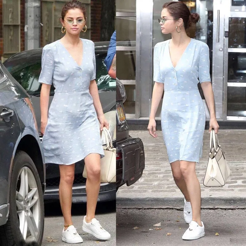 yinlinhe Light Blue V neck Summer Dress Short Sleeve Slim Elegant Women Dress Button Fashion Ladies Ruffles Vestido    9