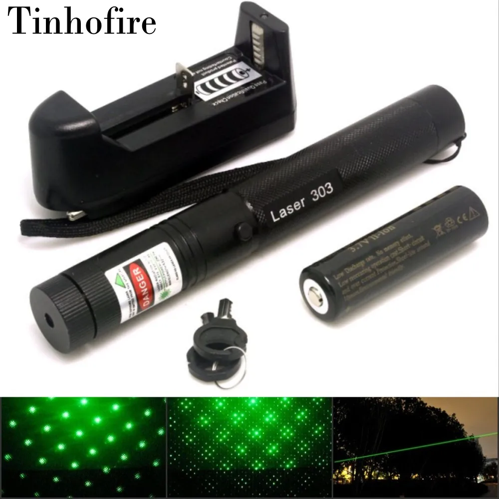 Tinhofire ليسر 303 5 ميجا واط أخضر مؤشر ليزر قابل للتعديل البعد البؤري و مع نمط نجمة تصفية + 4000 مللي أمبير 18650 بطارية + شاحن