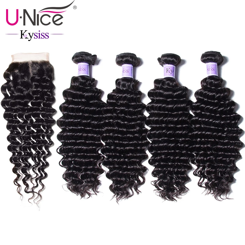 

UNice Hair Kysiss Series Deep Wave Malaysian Virgin Hair 4 Bundles With Closure 100% Human Hair Bundles Natural Color 12-26 Inch