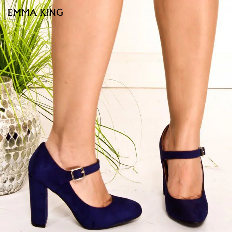 

Navy Suede Pumps Round Toe Chunky Heels Vintage Shoes Plus Size sapato feminino Cocktail & Party Fashion High Heels FreeShipping