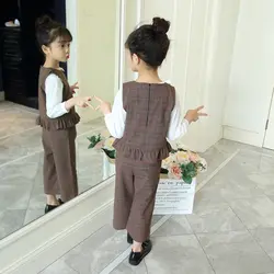 2018 новые весенние для девочек 3 шт. Комплект Детская одежда Корейский оборками жилет + Длинные рукава Топы + брюки Детский комплект A440