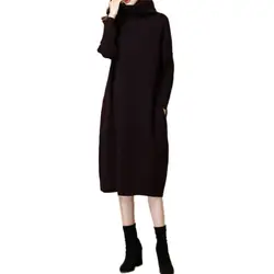Женское шерстяное платье осень новый свободный высокий воротник пуловер осень средней длины выше колена трикотаж утолщаются дна платье Lj183