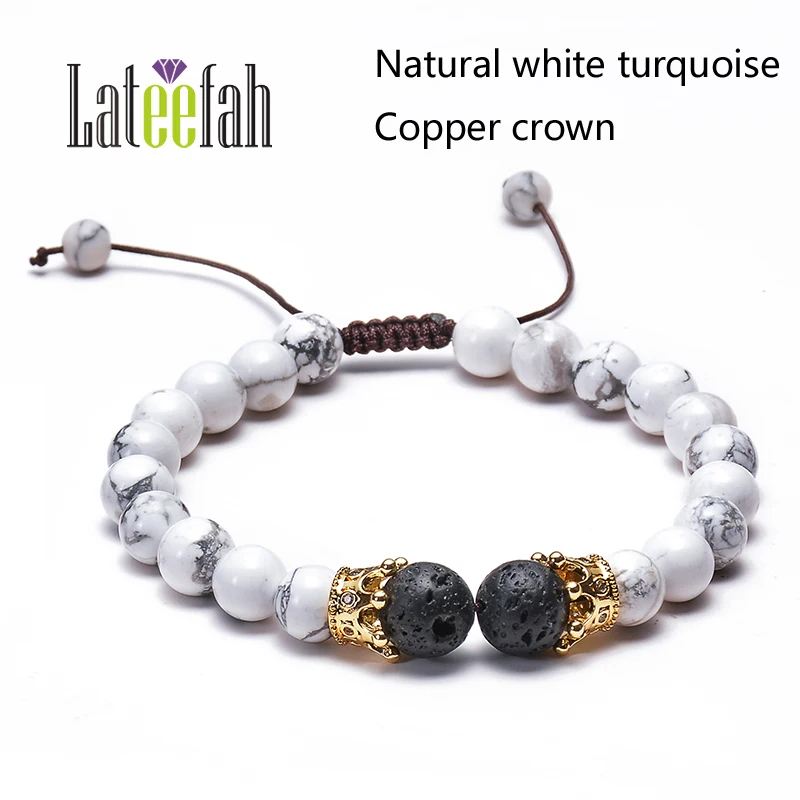 

Lateelah Fashion Jewelry Crown Stone Bracelet Lava Stone Natural Stone Beads Strand Bracelet Silver Bracelet White Stone for 8mm
