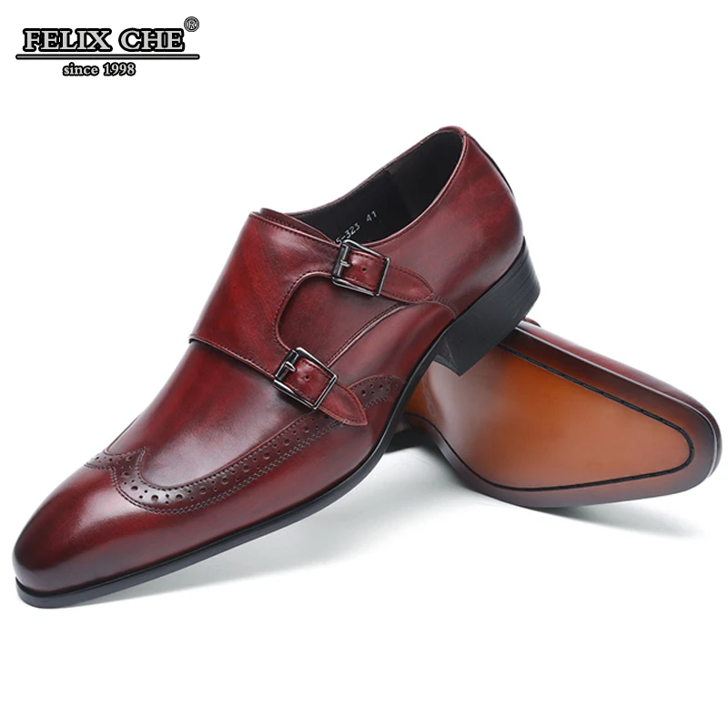 

FELIXCHU HANDMADE OFFICE BUSINESS WEDDING SHOES MEN DRESS LOAFERS WINE RED LUXURY DOUBLE BUCKLE FORMAL GENUINE LEATHER MEN SHOES