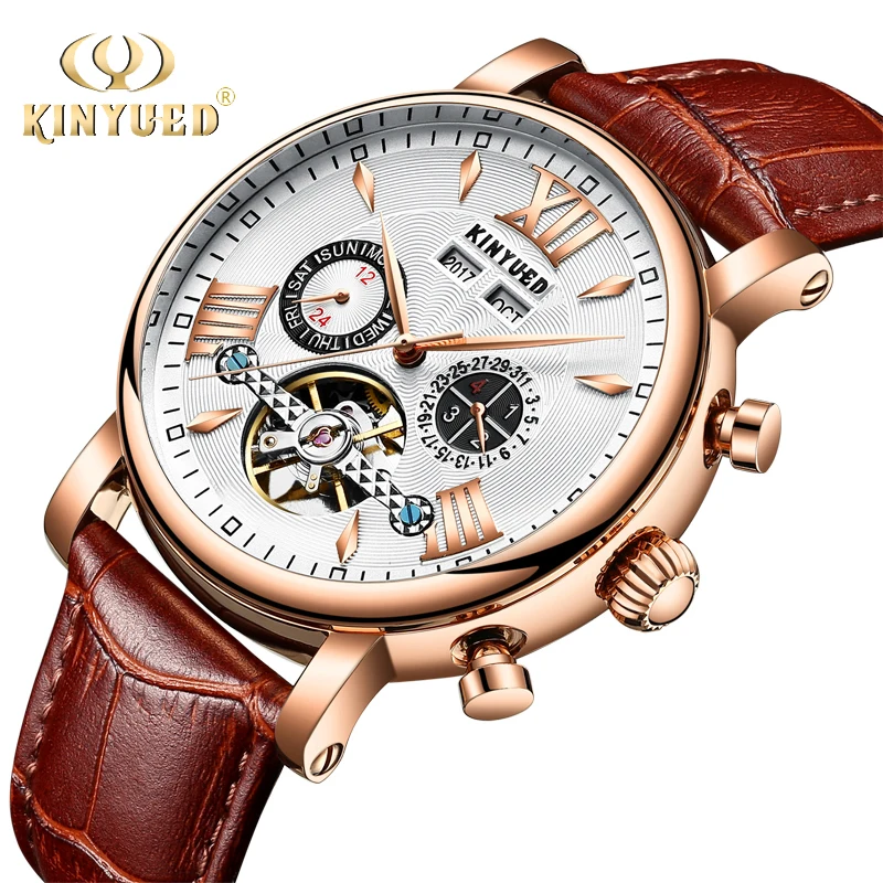 KINYUED автоматические механические часы для мужчин Tourbillon вечный календарь Скелет