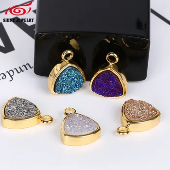 

10mm Traingle Trendy Gold Plating Bezel Natural Druzy Agates Cabochon Pendant Charm for Necklace Bracelet Jewelry Making 5pcs