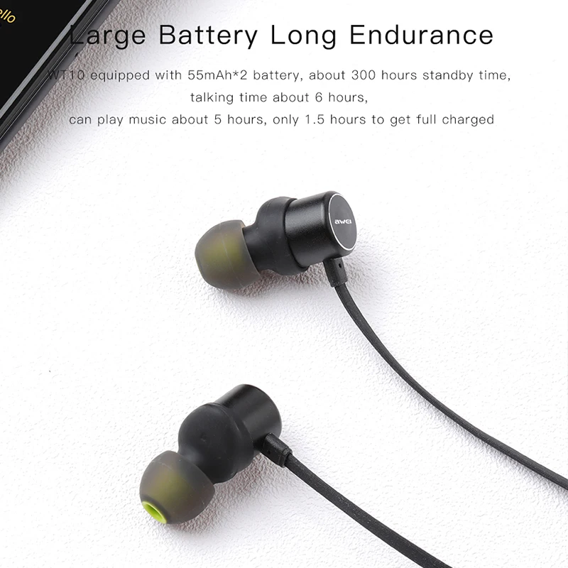 AWEI WT10 Magnetic Bluetooth Earphone Sport Waterproof Wireless Headset Bass Stereo Music Wireless Headphones with microphone