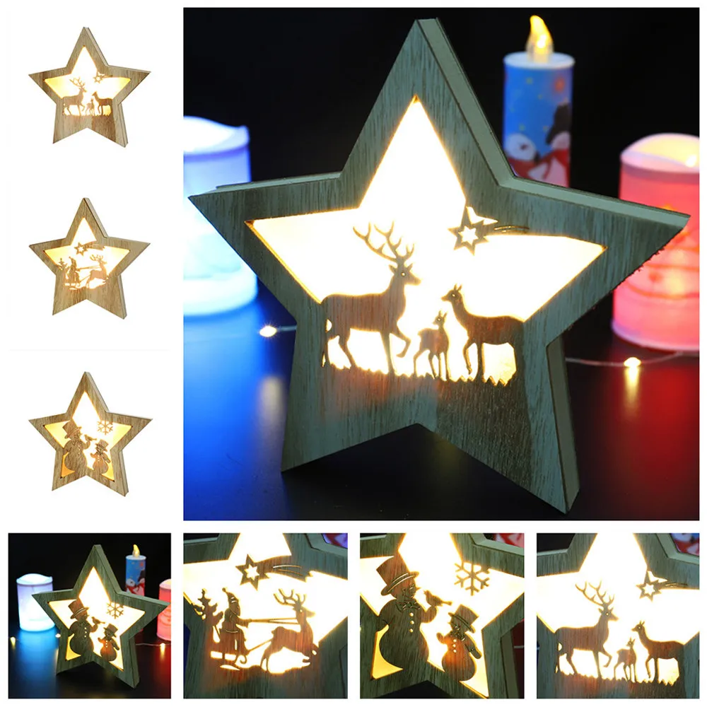 

New Year Merry Christmas Decorations For Home Wooden Five Pointed Star LED Lights products Christmas Decoration Xmas Gift Kerst