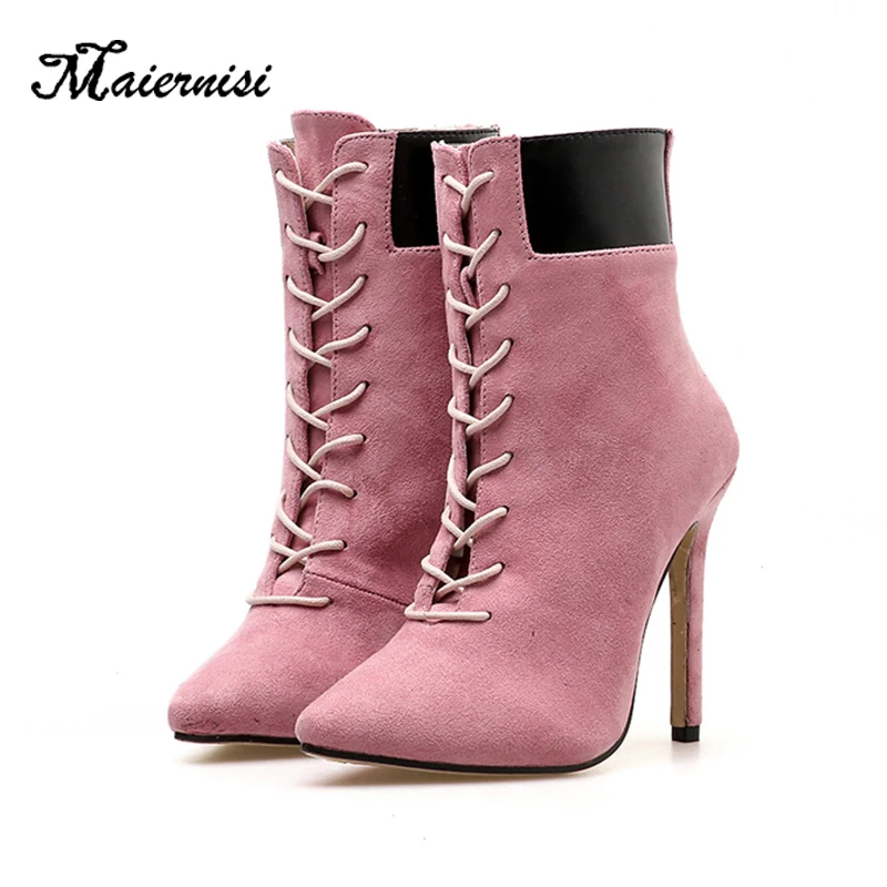 

MAIERNISI Women Boots Cross tied Desert Boots Booties Woman Flock Thin High Heels Shoes Female Winter Boots