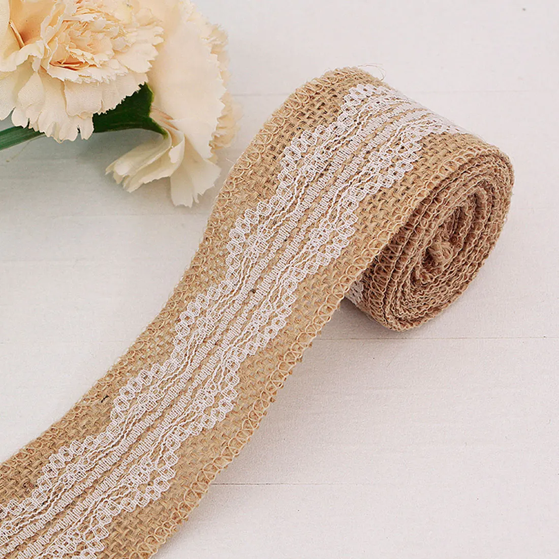 2018 Hot Sale Jute Flower Burlap Rolls Ribbon With Lace Rustic