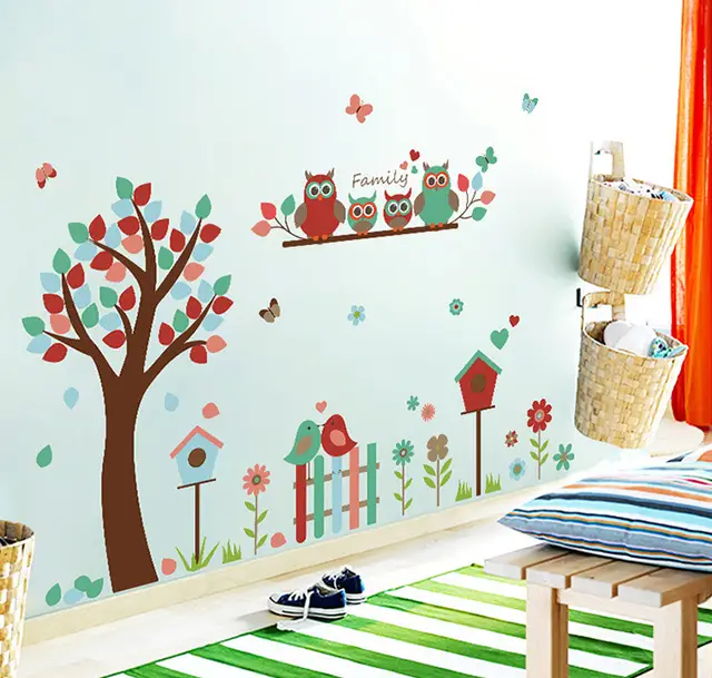 Us 6 02 10 Off Owl Flower Tree Large Wall Stickers Animals Kids Room Decor Bedroom Decal Diy Art Mural Wallpaper Removable Wall Sticker In Wall