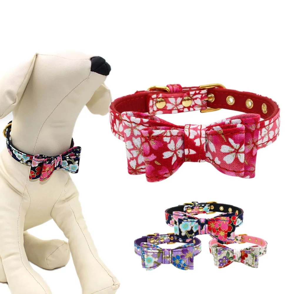 Floral Fabric Bowknot Dog Collars Adjustable Belt Collar Black Red