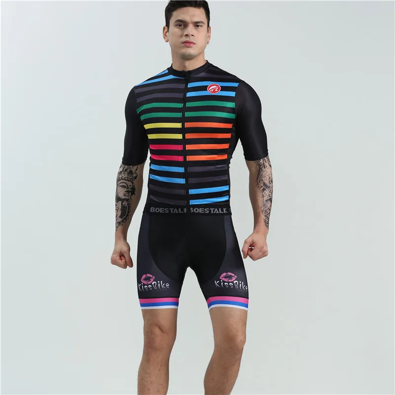 2019 BOESTALK high quality men cycling set summer short sleeve rainbow stripes bike clothing maillot ciclismo triathlon suit