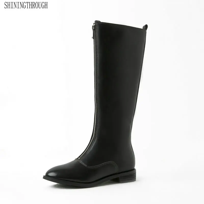 

Women knee high Boots Autumn Winter Warm low Heels Shoes Woman zipper Genuine Leather Punk Motorcycle Boots